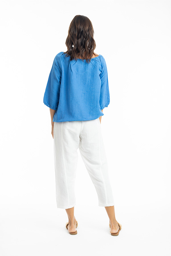 Escape Linen 3/4 Length Sleeve Gathered Neck Top - Image 12