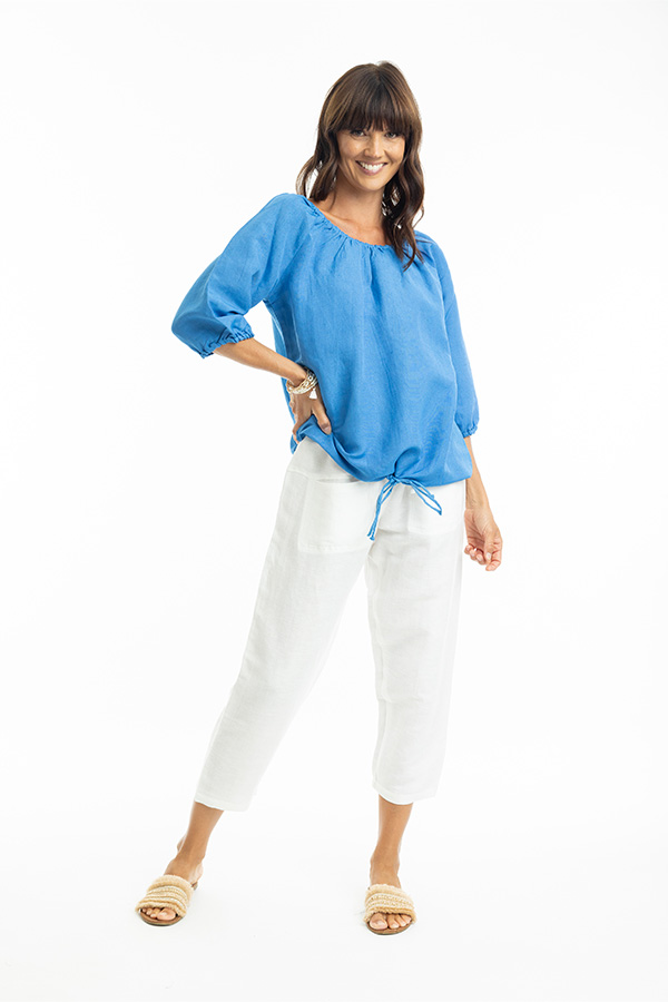 Escape Linen 3/4 Length Sleeve Gathered Neck Top - Image 3