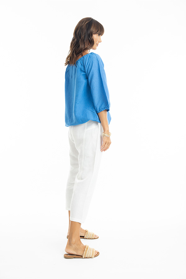 Escape Linen 3/4 Length Sleeve Gathered Neck Top - Image 6