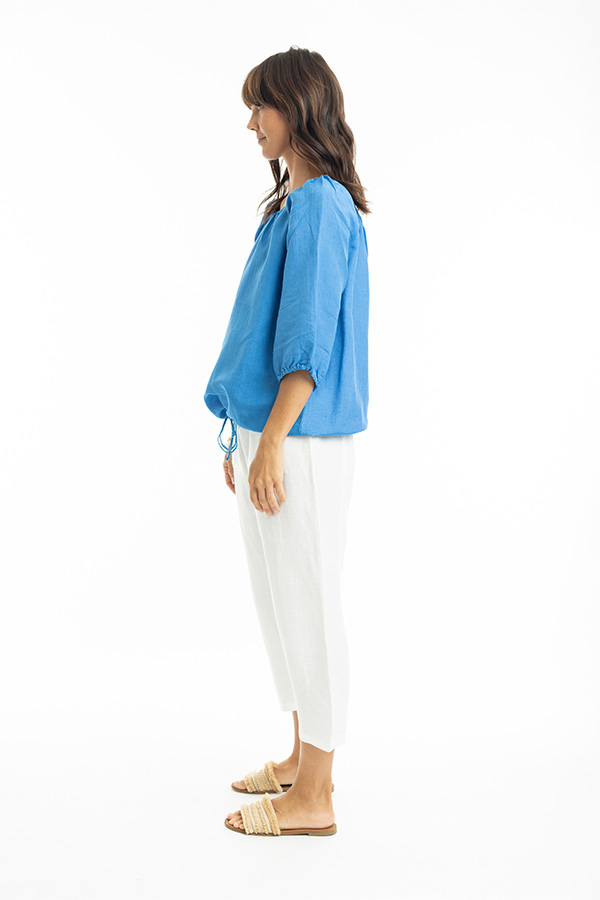Escape Linen 3/4 Length Sleeve Gathered Neck Top - Image 9