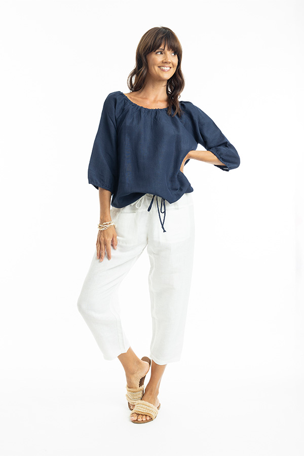 Escape Linen 3/4 Length Sleeve Gathered Neck Top - Image 2