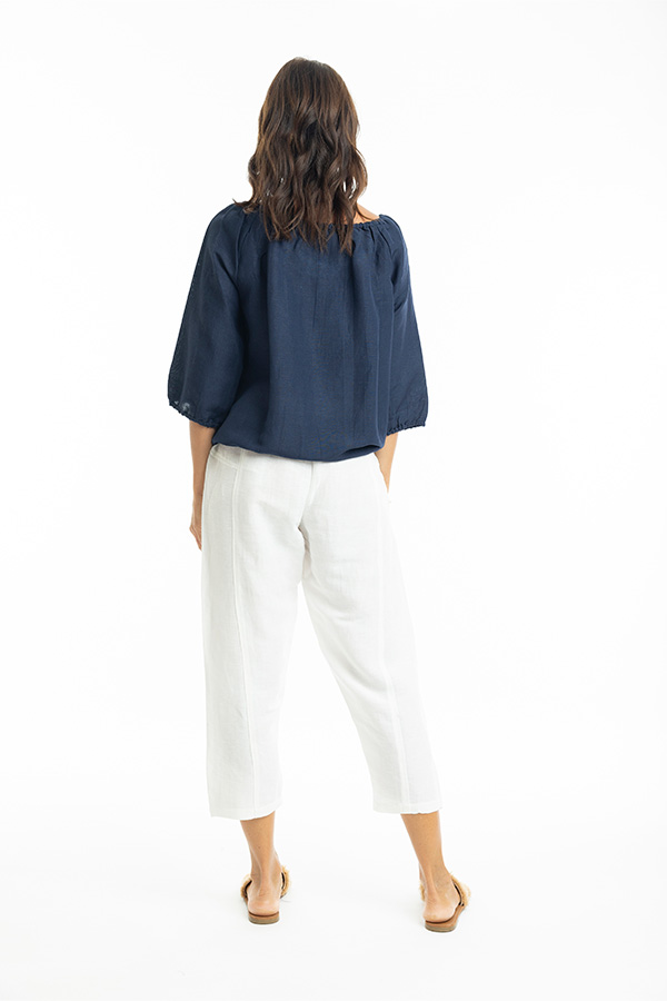 Escape Linen 3/4 Length Sleeve Gathered Neck Top - Image 11