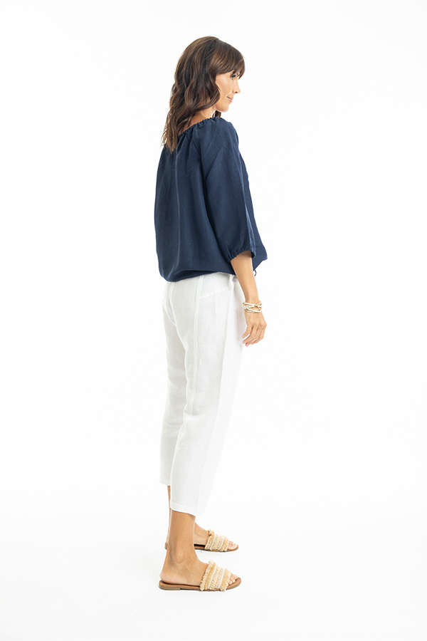 Escape Linen 3/4 Length Sleeve Gathered Neck Top - Image 5