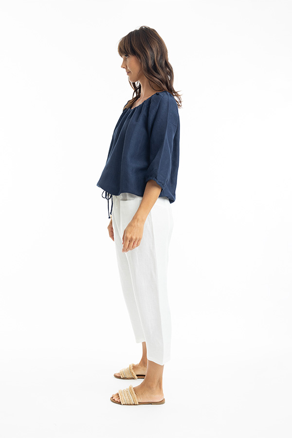 Escape Linen 3/4 Length Sleeve Gathered Neck Top - Image 8