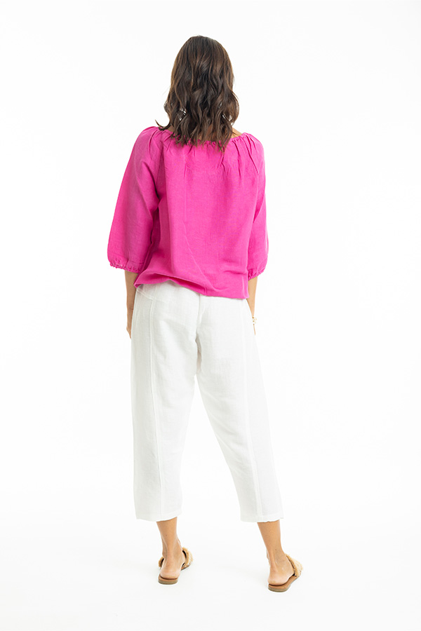 Escape Linen 3/4 Length Sleeve Gathered Neck Top - Image 10