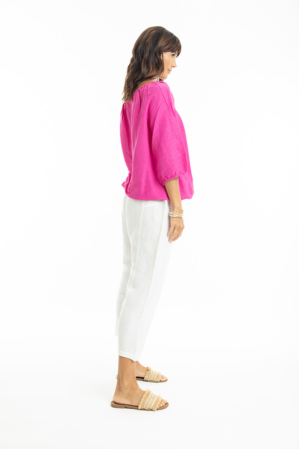 Escape Linen 3/4 Length Sleeve Gathered Neck Top - Image 4