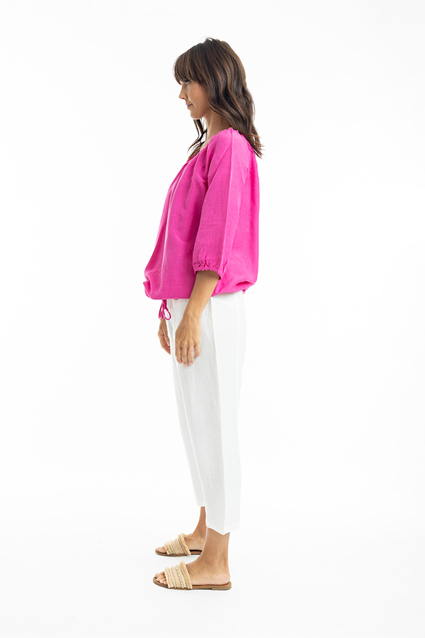 Escape Linen 3/4 Length Sleeve Gathered Neck Top - Image 7